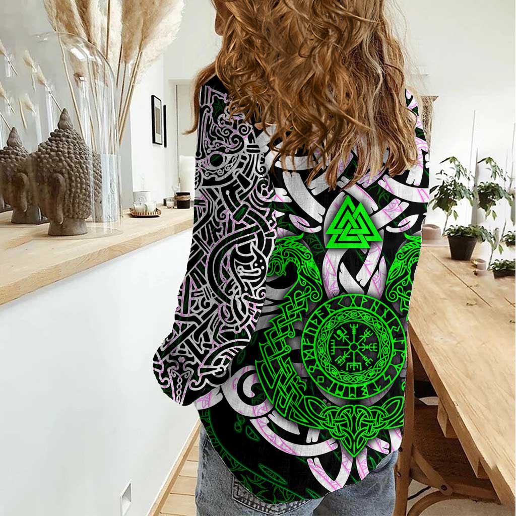 Vegvisir Women Casual Shirt with Green Dragons and Norse Knots Viking Protection Tribute - Wonder Print Shop