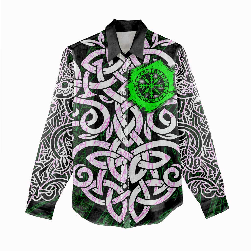 Vegvisir Women Casual Shirt with Green Dragons and Norse Knots Viking Protection Tribute - Wonder Print Shop