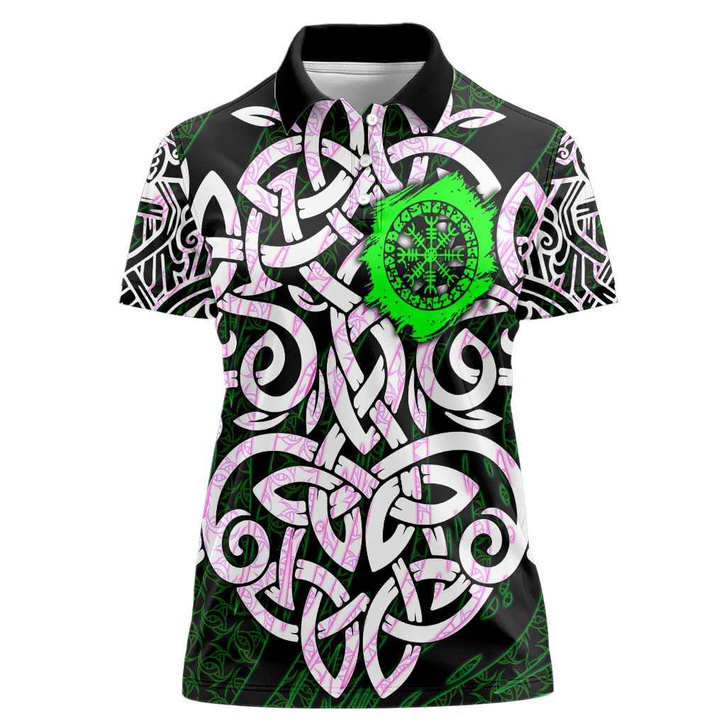 Vegvisir Women Polo Shirt with Green Dragons and Norse Knots Viking Protection Tribute - Wonder Print Shop