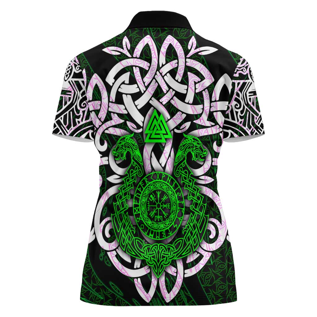 Vegvisir Women Polo Shirt with Green Dragons and Norse Knots Viking Protection Tribute - Wonder Print Shop
