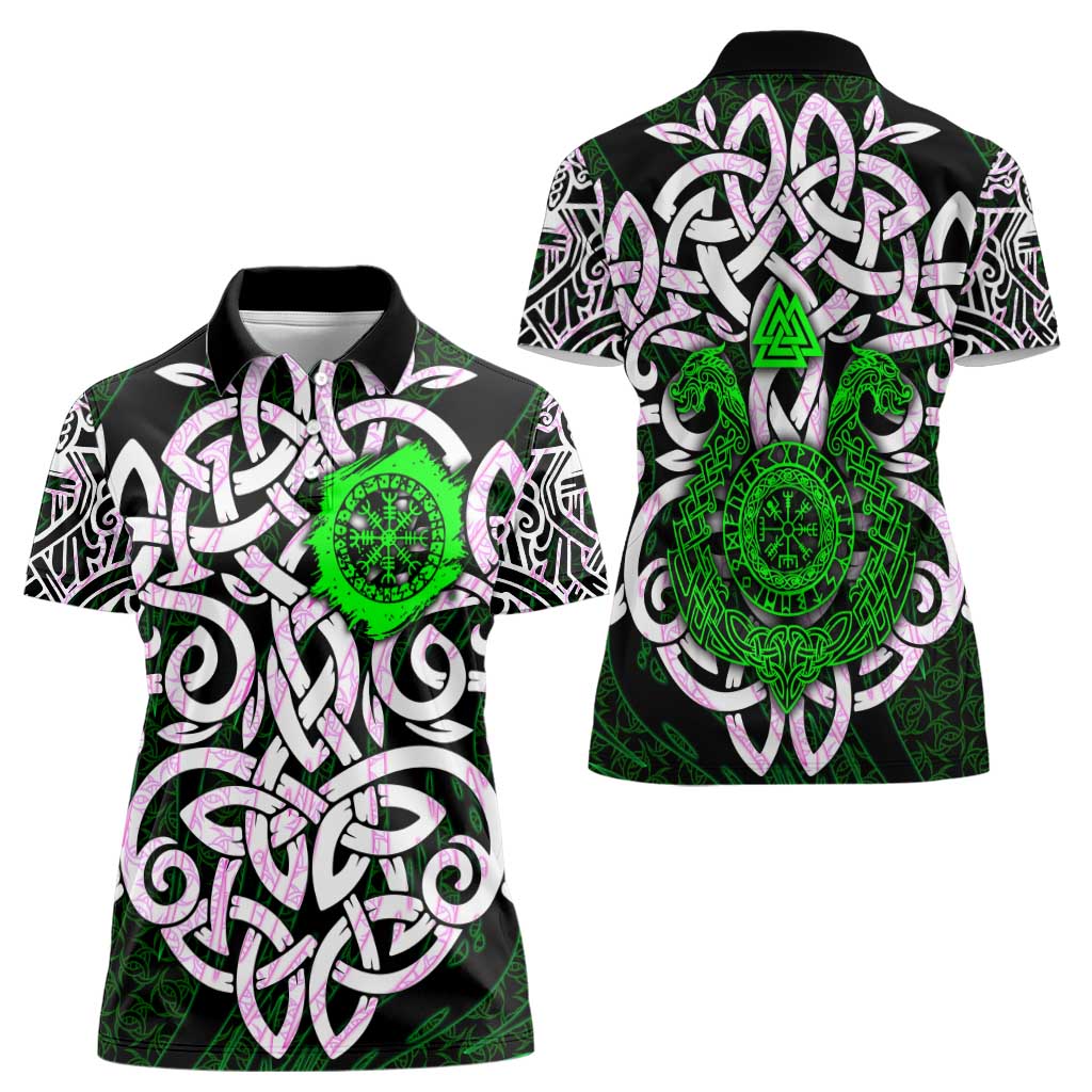 Vegvisir Women Polo Shirt with Green Dragons and Norse Knots Viking Protection Tribute - Wonder Print Shop