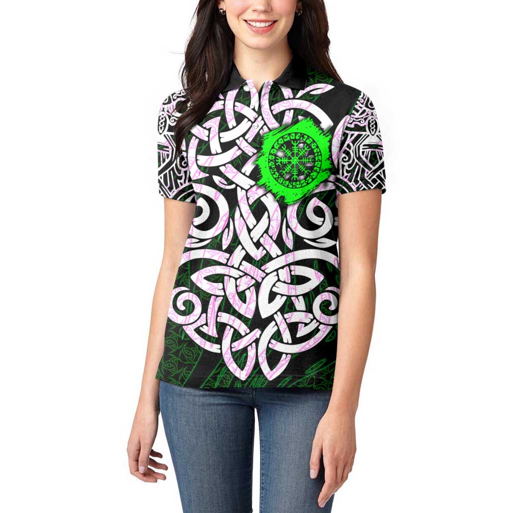 Vegvisir Women Polo Shirt with Green Dragons and Norse Knots Viking Protection Tribute - Wonder Print Shop