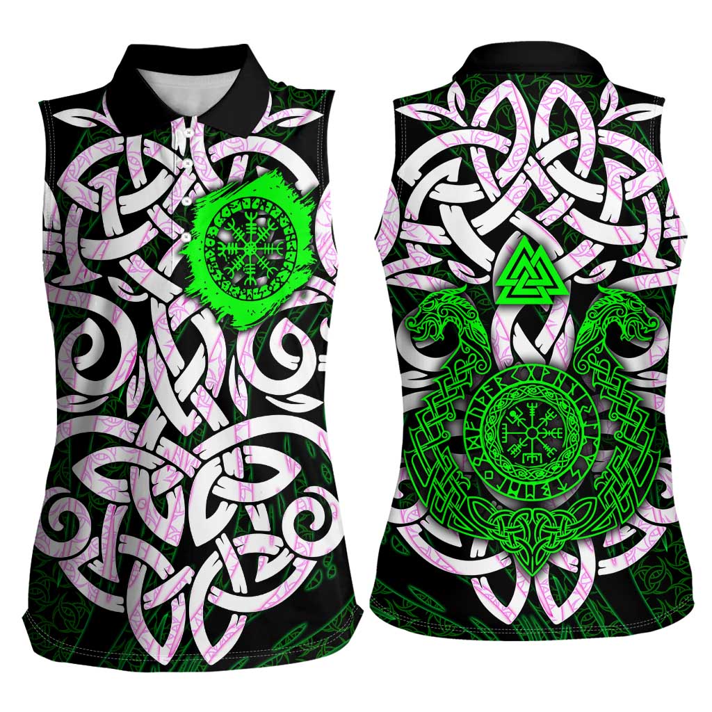 Vegvisir Women Sleeveless Polo Shirt with Green Dragons and Norse Knots Viking Protection Tribute - Wonder Print Shop