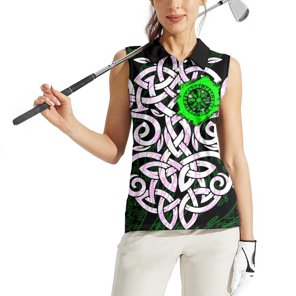 Vegvisir Women Sleeveless Polo Shirt with Green Dragons and Norse Knots Viking Protection Tribute - Wonder Print Shop