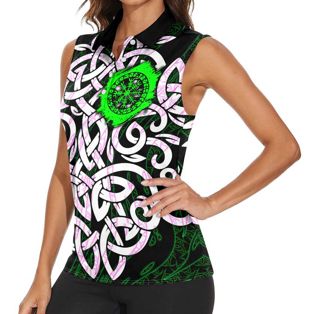 Vegvisir Women Sleeveless Polo Shirt with Green Dragons and Norse Knots Viking Protection Tribute - Wonder Print Shop
