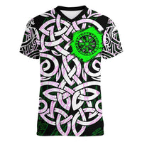 Vegvisir Women V-Neck T-Shirt with Green Dragons and Norse Knots Viking Protection Tribute - Wonder Print Shop
