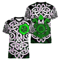 Vegvisir Women V-Neck T-Shirt with Green Dragons and Norse Knots Viking Protection Tribute - Wonder Print Shop