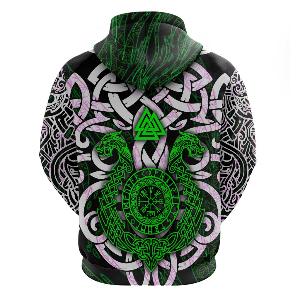 Vegvisir Zip Hoodie with Green Dragons and Norse Knots Viking Protection Tribute - Wonder Print Shop