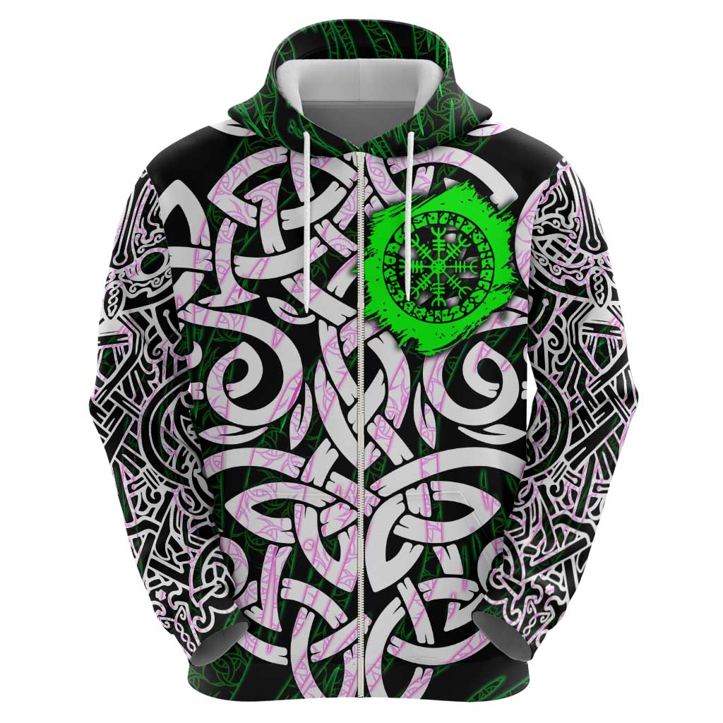 Vegvisir Zip Hoodie with Green Dragons and Norse Knots Viking Protection Tribute - Wonder Print Shop