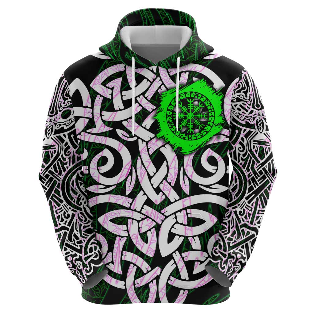Vegvisir Zip Hoodie with Green Dragons and Norse Knots Viking Protection Tribute - Wonder Print Shop