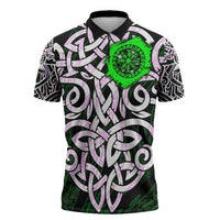 Vegvisir Zipper Polo Shirt with Green Dragons and Norse Knots Viking Protection Tribute - Wonder Print Shop