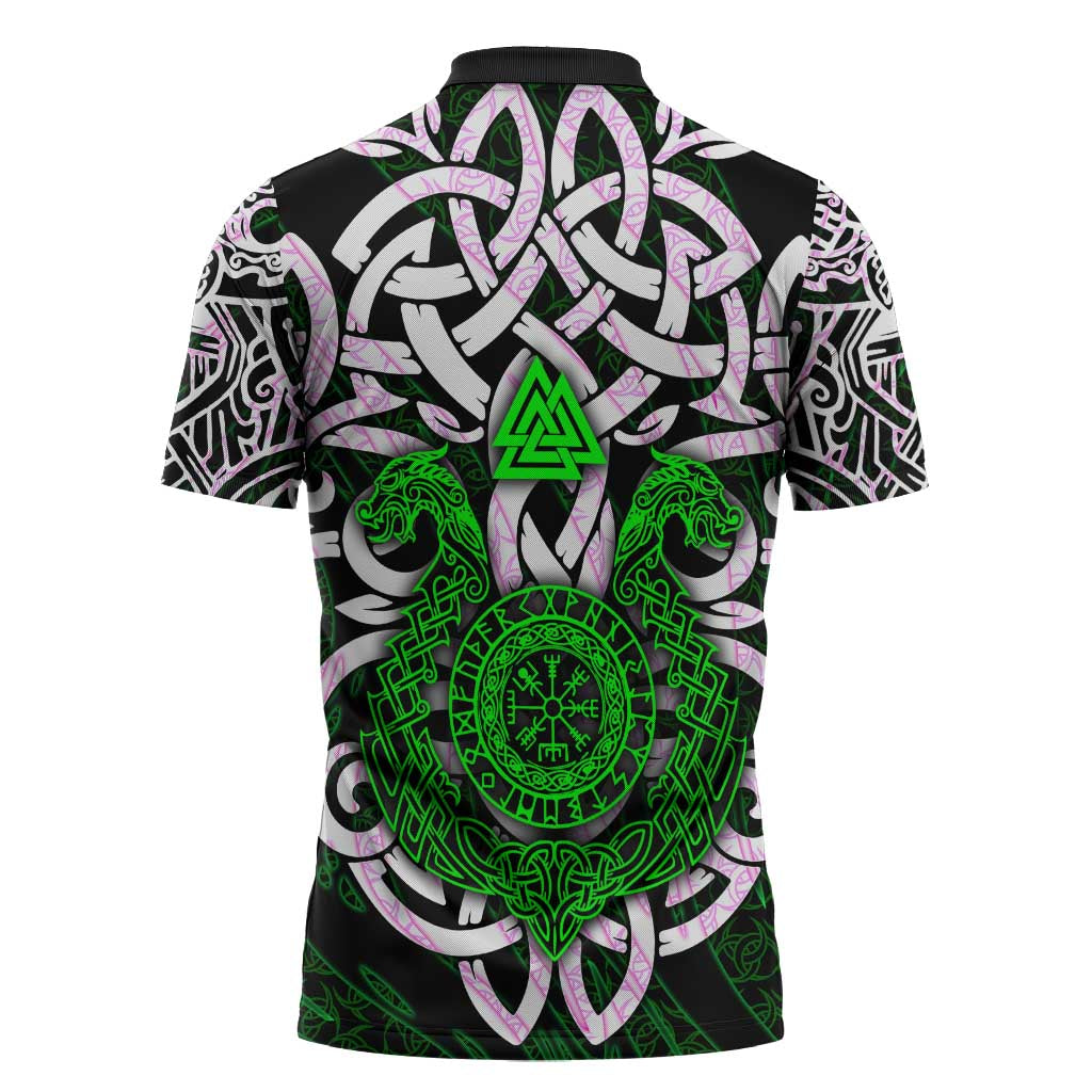 Vegvisir Zipper Polo Shirt with Green Dragons and Norse Knots Viking Protection Tribute - Wonder Print Shop