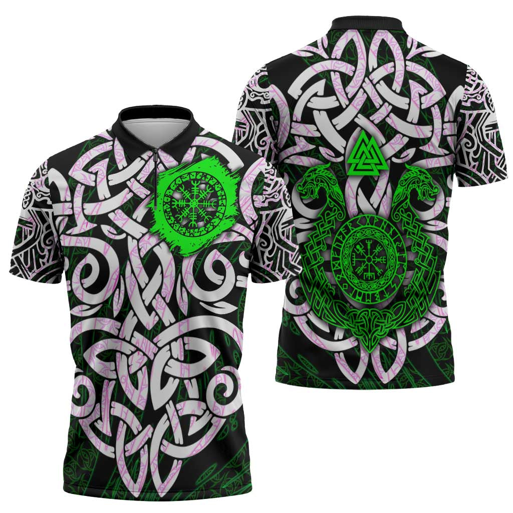 Vegvisir Zipper Polo Shirt with Green Dragons and Norse Knots Viking Protection Tribute - Wonder Print Shop