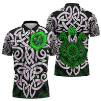 Vegvisir Zipper Polo Shirt with Green Dragons and Norse Knots Viking Protection Tribute - Wonder Print Shop