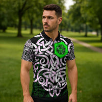 Vegvisir Zipper Polo Shirt with Green Dragons and Norse Knots Viking Protection Tribute - Wonder Print Shop