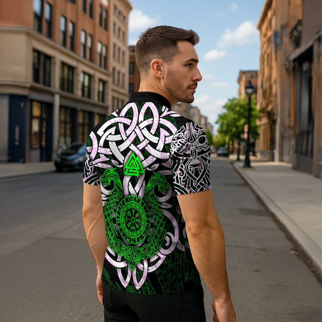 Vegvisir Zipper Polo Shirt with Green Dragons and Norse Knots Viking Protection Tribute - Wonder Print Shop
