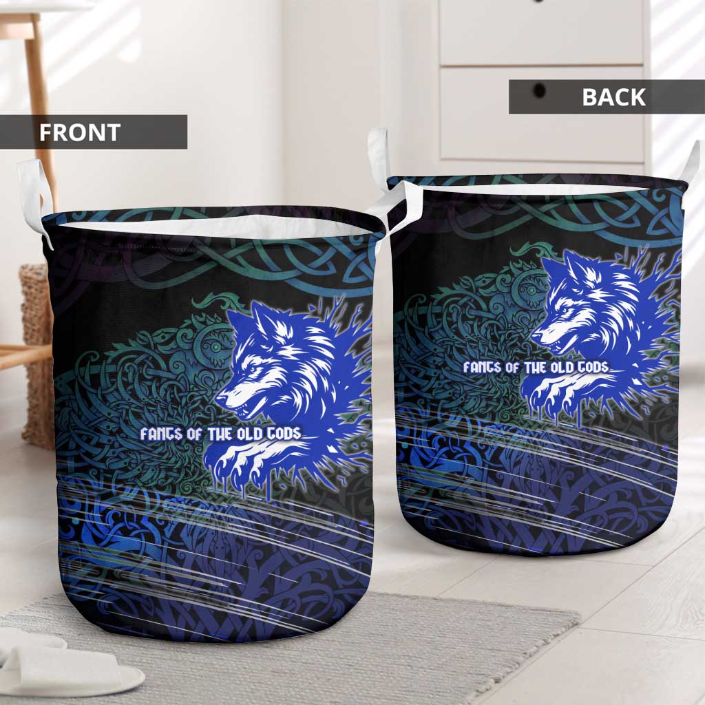 Fenrir Laundry Basket with Blue Wolf, Runes and Ragnarok End of Gods Tribute - Wonder Print Shop