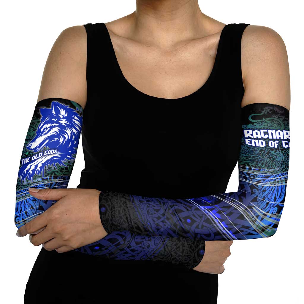 Fenrir Arm Sleeves with Blue Wolf, Runes and Ragnarok End of Gods Tribute - Wonder Print Shop