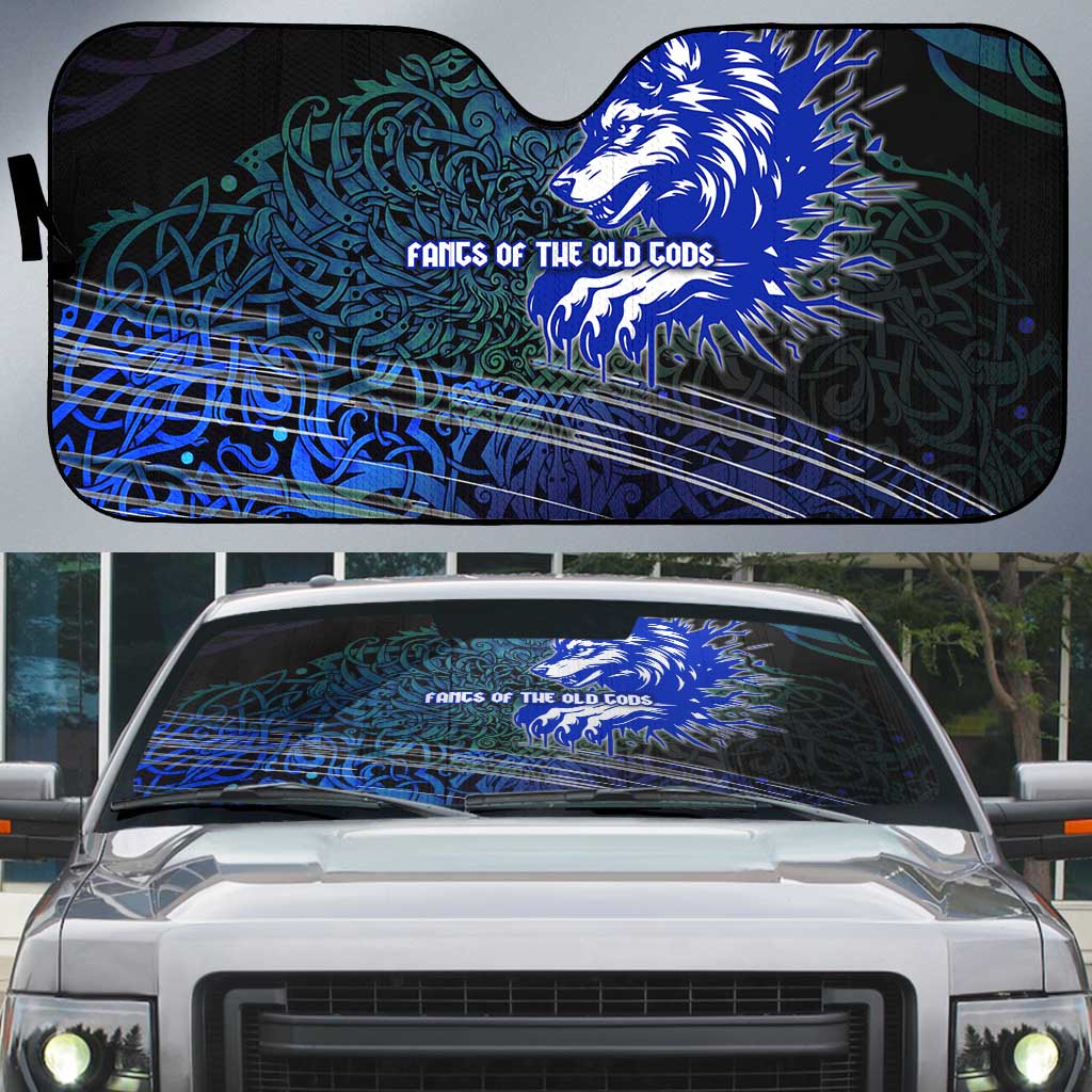 Fenrir Auto Sun Shade with Blue Wolf, Runes and Ragnarok End of Gods Tribute - Wonder Print Shop