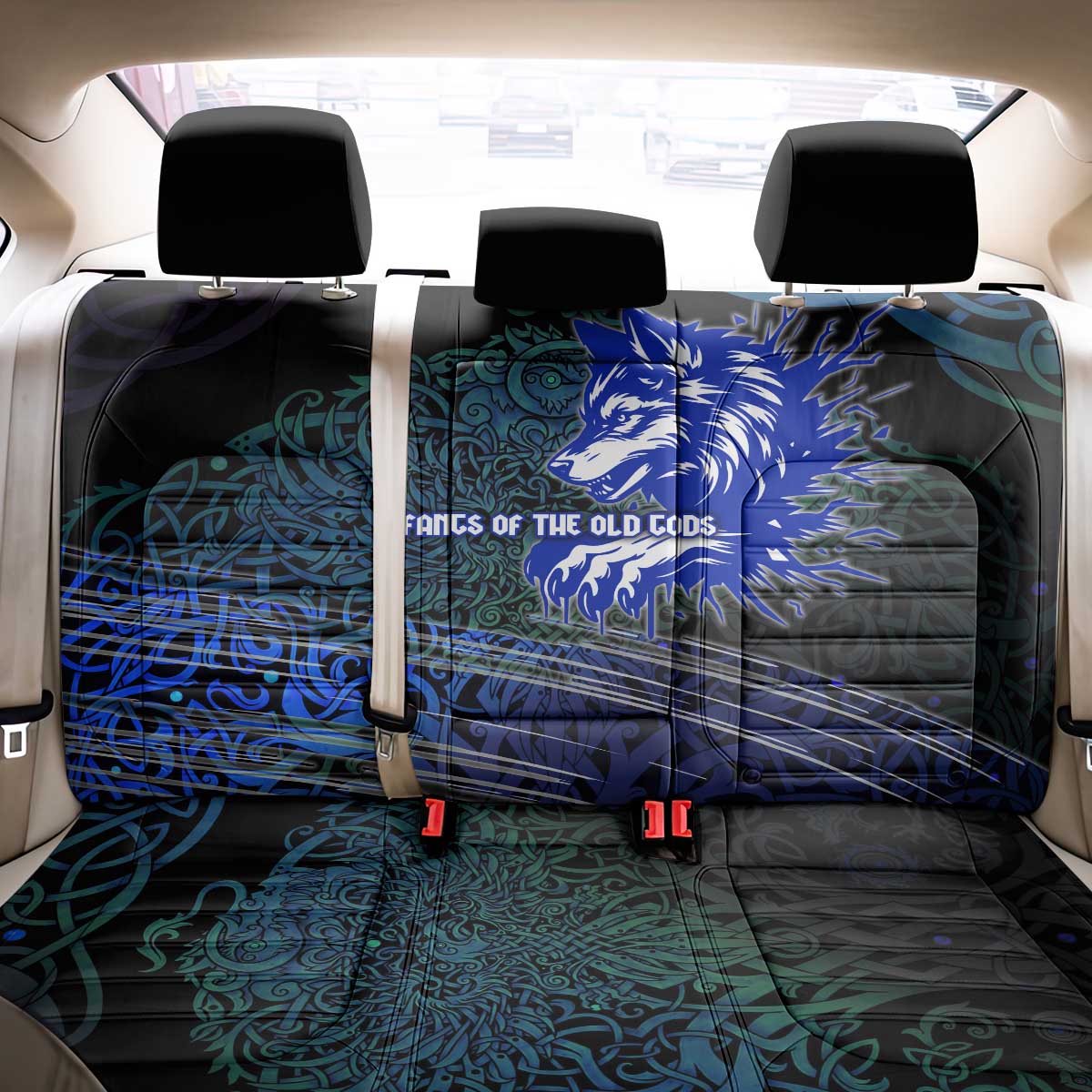 Fenrir Back Car Seat Cover with Blue Wolf, Runes and Ragnarok End of Gods Tribute - Wonder Print Shop