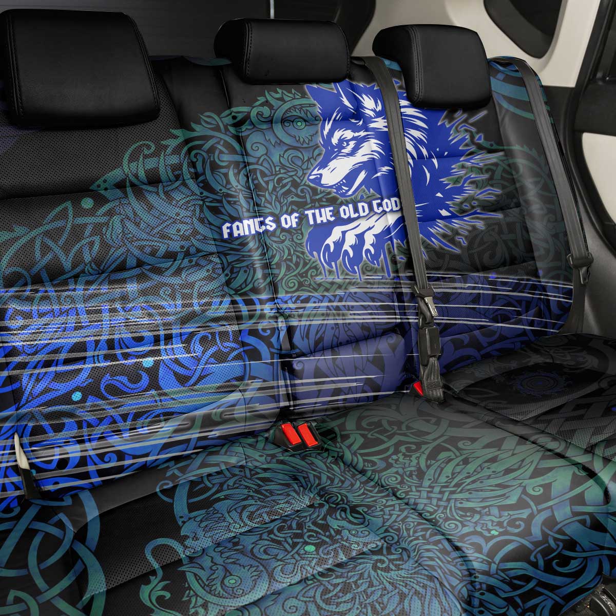Fenrir Back Car Seat Cover with Blue Wolf, Runes and Ragnarok End of Gods Tribute - Wonder Print Shop