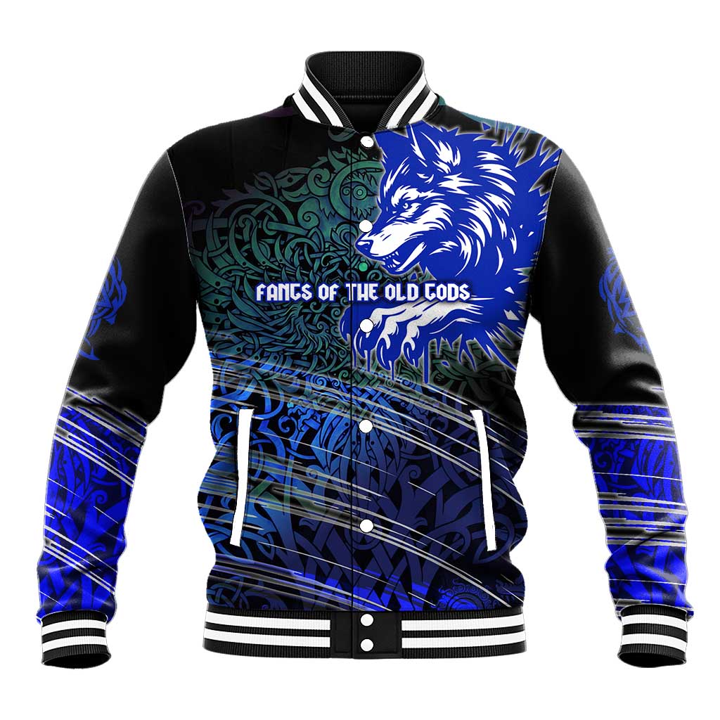 Fenrir Baseball Jacket with Blue Wolf, Runes and Ragnarok End of Gods Tribute - Wonder Print Shop