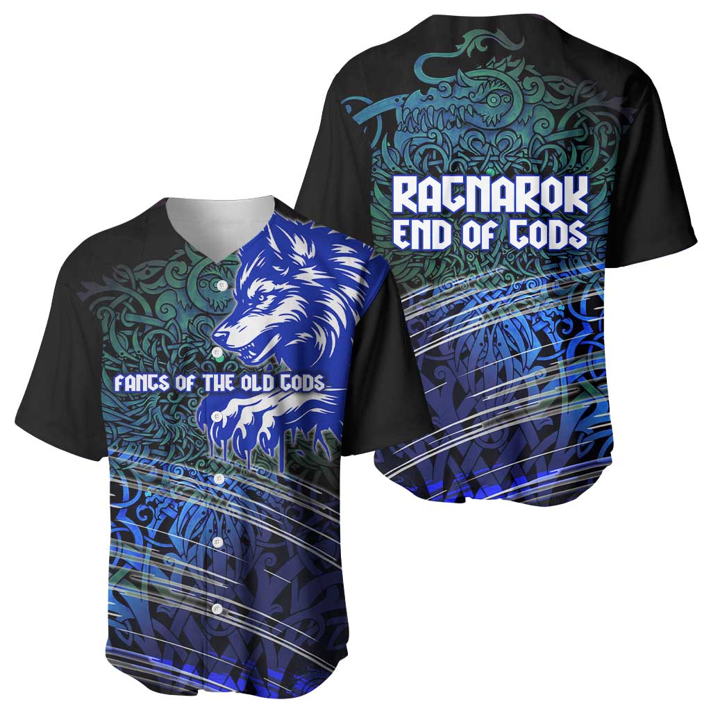 Fenrir Baseball Jersey with Blue Wolf, Runes and Ragnarok End of Gods Tribute - Wonder Print Shop