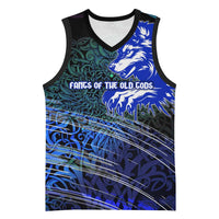 Fenrir Basketball Jersey with Blue Wolf, Runes and Ragnarok End of Gods Tribute - Wonder Print Shop