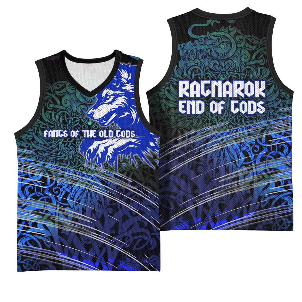 Fenrir Basketball Jersey with Blue Wolf, Runes and Ragnarok End of Gods Tribute - Wonder Print Shop