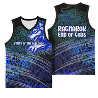 Fenrir Basketball Jersey with Blue Wolf, Runes and Ragnarok End of Gods Tribute - Wonder Print Shop