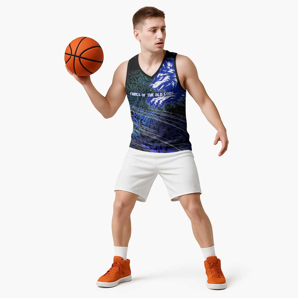 Fenrir Basketball Jersey with Blue Wolf, Runes and Ragnarok End of Gods Tribute - Wonder Print Shop