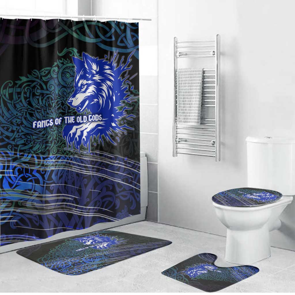 Fenrir Bathroom Set with Blue Wolf, Runes and Ragnarok End of Gods Tribute - Wonder Print Shop
