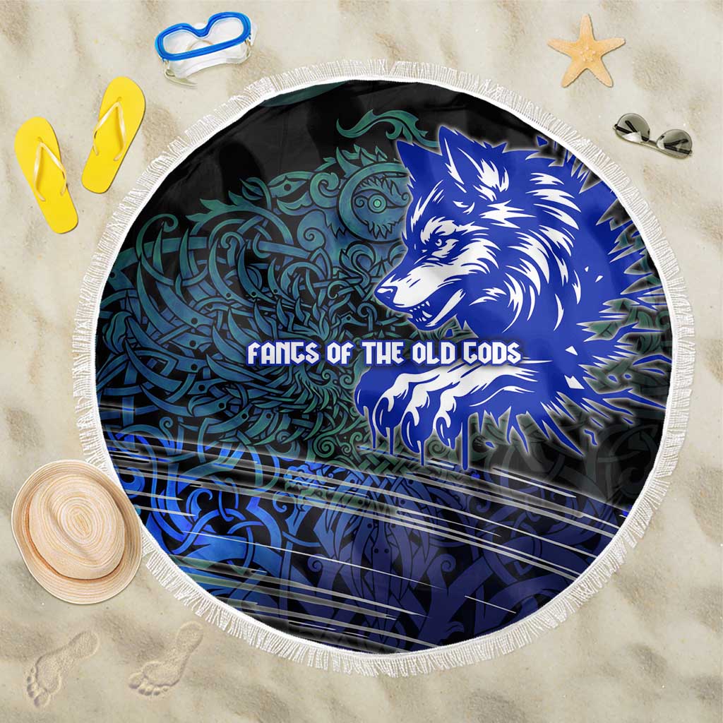 Fenrir Beach Blanket with Blue Wolf, Runes and Ragnarok End of Gods Tribute - Wonder Print Shop