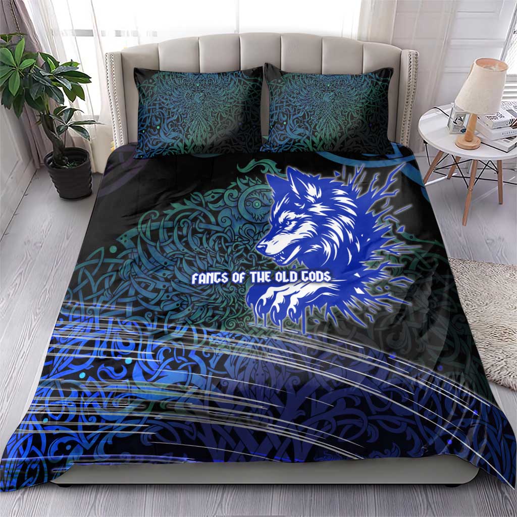 Fenrir Bedding Set with Blue Wolf, Runes and Ragnarok End of Gods Tribute - Wonder Print Shop