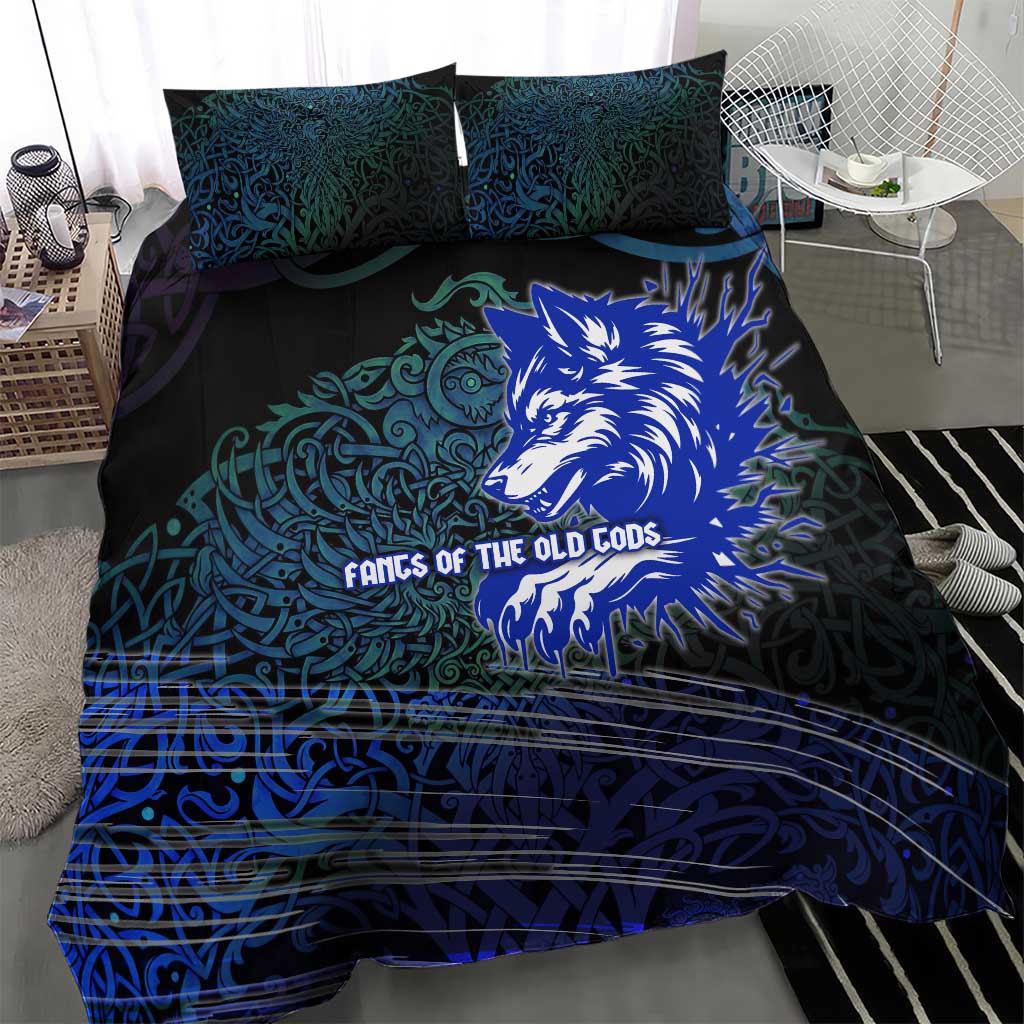 Fenrir Bedding Set with Blue Wolf, Runes and Ragnarok End of Gods Tribute - Wonder Print Shop