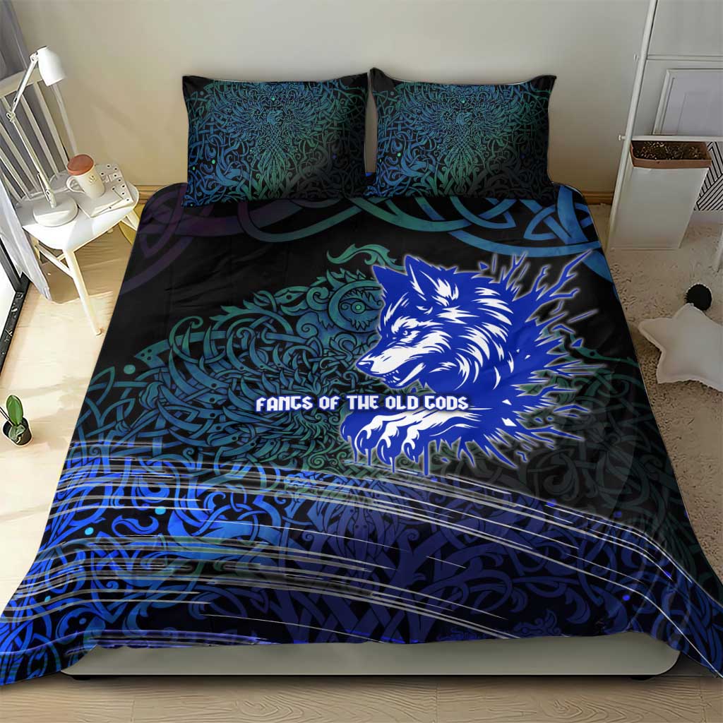 Fenrir Bedding Set with Blue Wolf, Runes and Ragnarok End of Gods Tribute - Wonder Print Shop