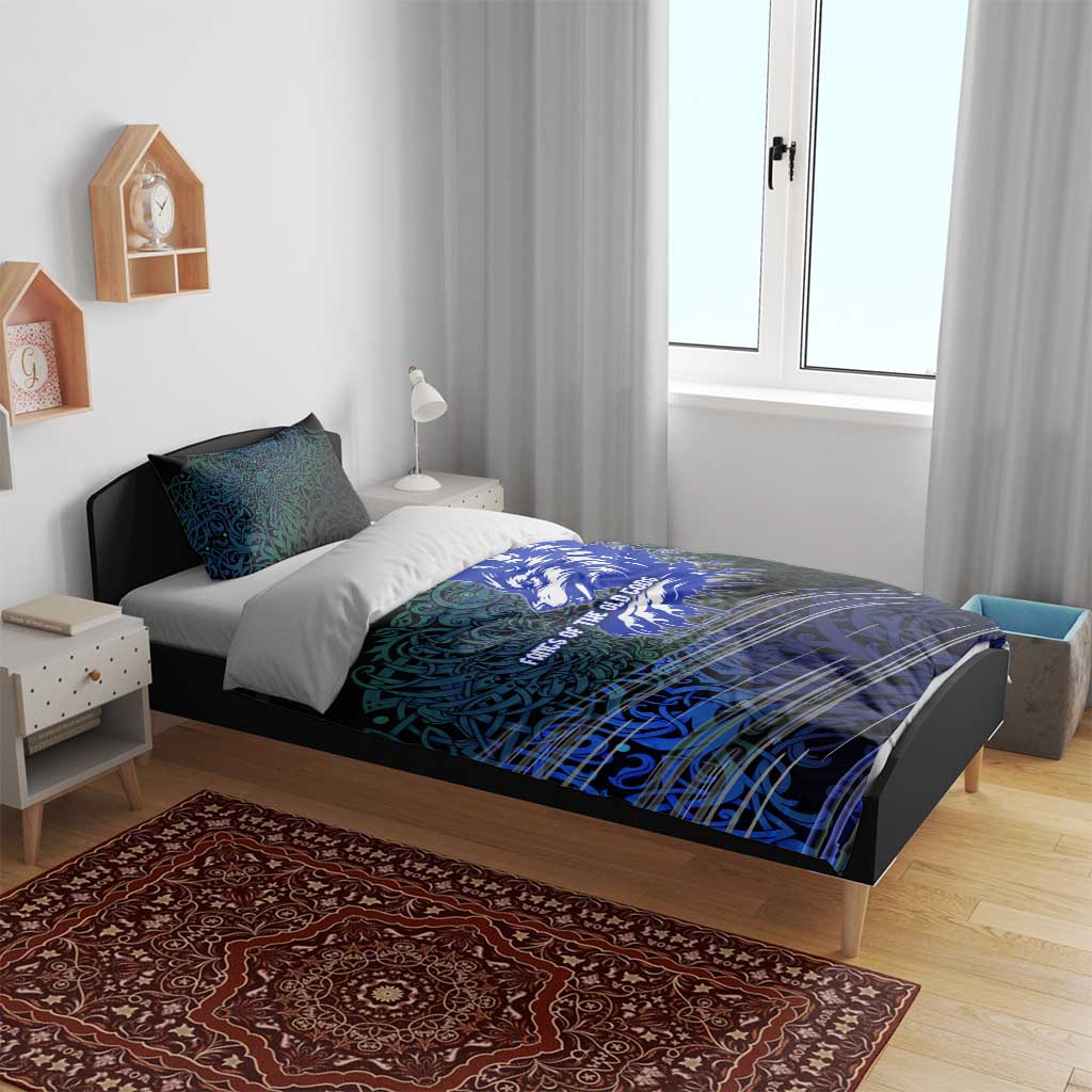 Fenrir Bedding Set with Blue Wolf, Runes and Ragnarok End of Gods Tribute - Wonder Print Shop