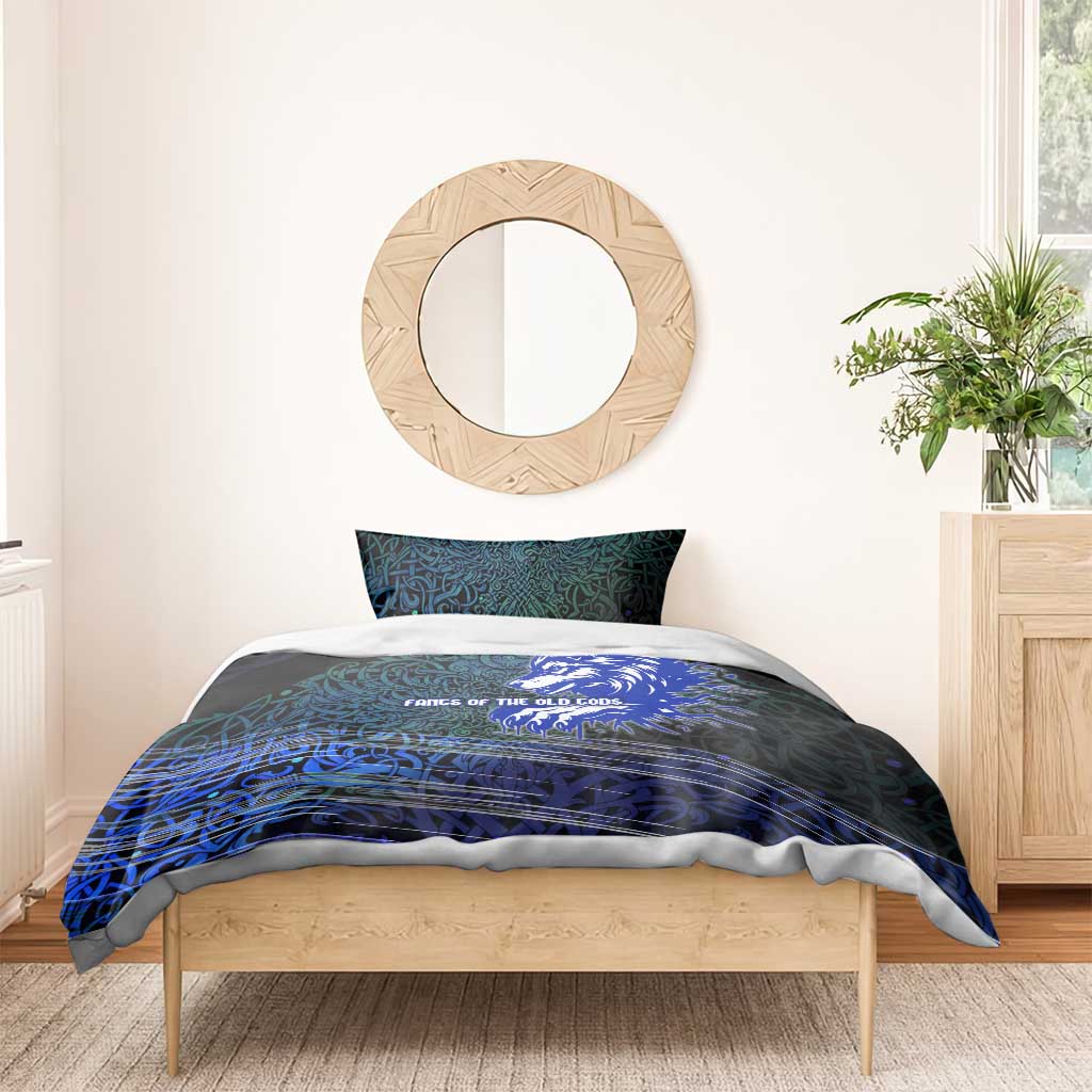 Fenrir Bedding Set with Blue Wolf, Runes and Ragnarok End of Gods Tribute - Wonder Print Shop