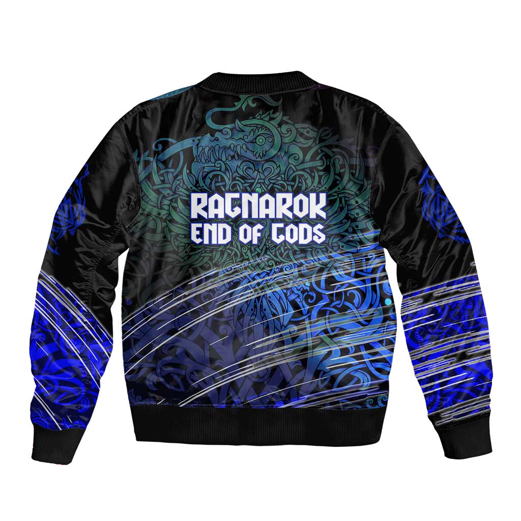 Fenrir Bomber Jacket with Blue Wolf, Runes and Ragnarok End of Gods Tribute - Wonder Print Shop