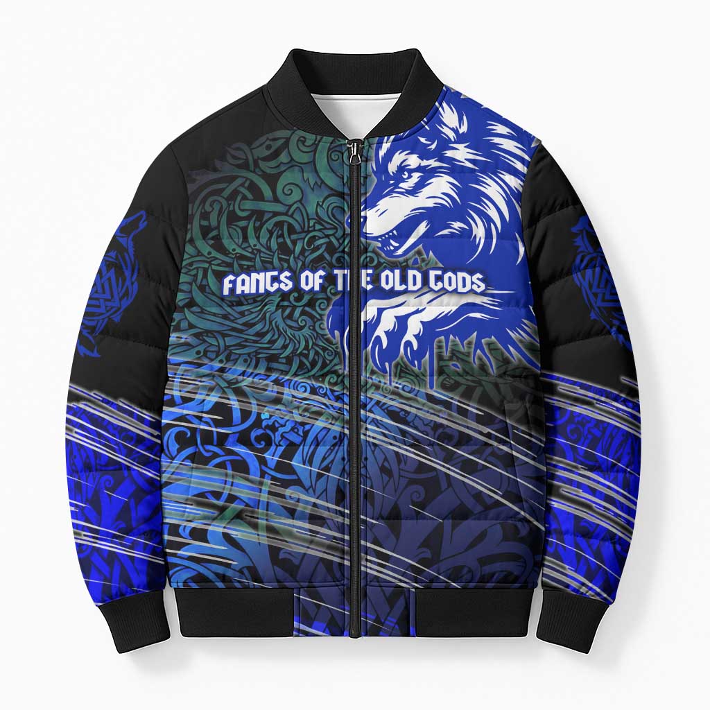 Fenrir Bomber Puffer Jacket with Blue Wolf, Runes and Ragnarok End of Gods Tribute - Wonder Print Shop