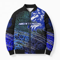 Fenrir Bomber Puffer Jacket with Blue Wolf, Runes and Ragnarok End of Gods Tribute - Wonder Print Shop