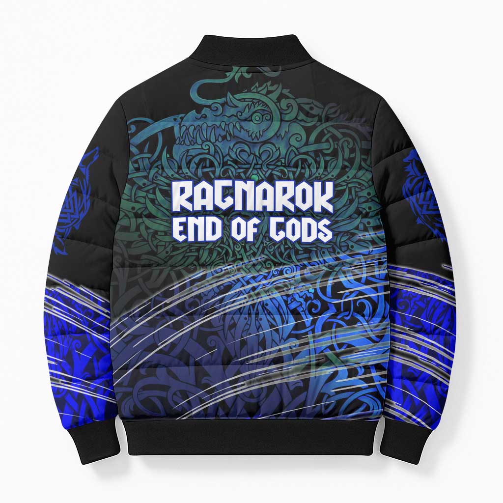 Fenrir Bomber Puffer Jacket with Blue Wolf, Runes and Ragnarok End of Gods Tribute - Wonder Print Shop