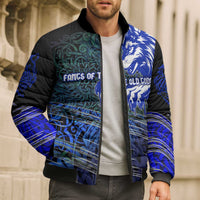Fenrir Bomber Puffer Jacket with Blue Wolf, Runes and Ragnarok End of Gods Tribute - Wonder Print Shop