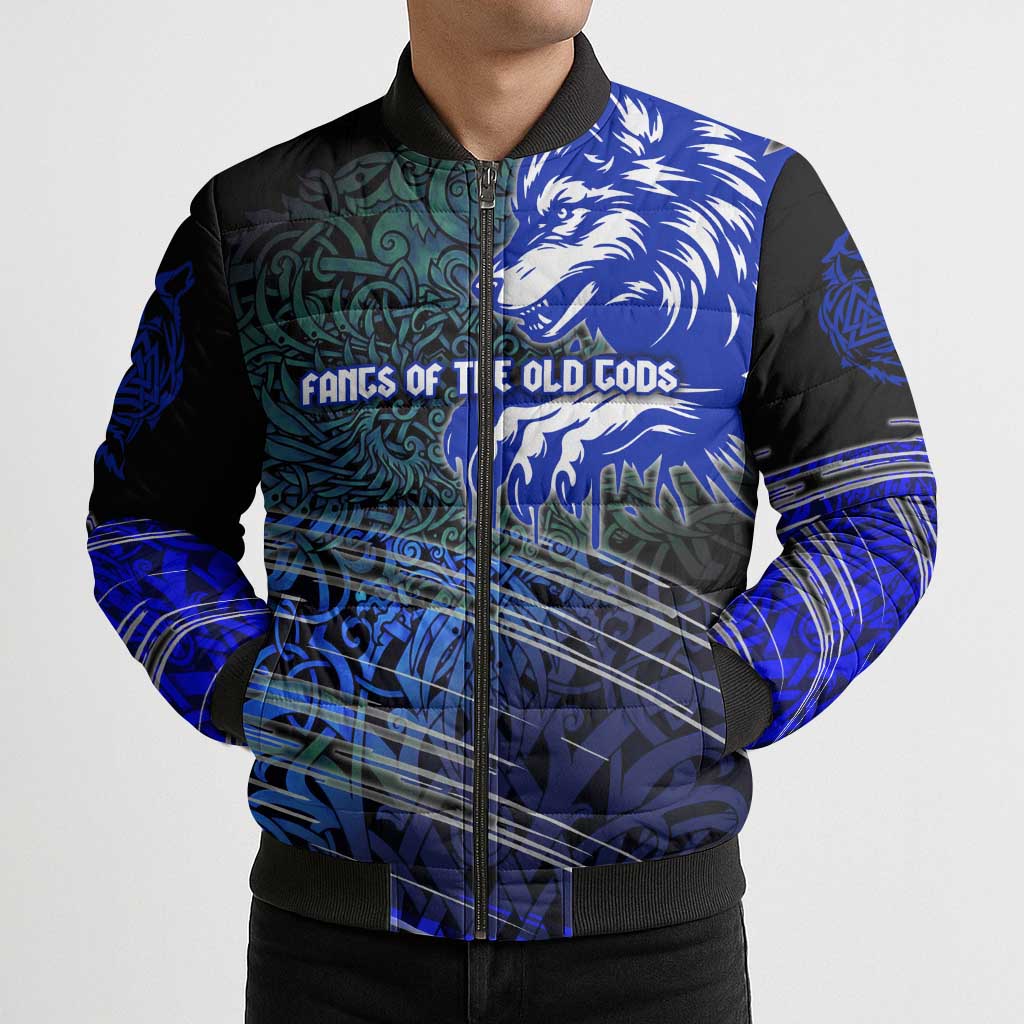 Fenrir Bomber Puffer Jacket with Blue Wolf, Runes and Ragnarok End of Gods Tribute - Wonder Print Shop