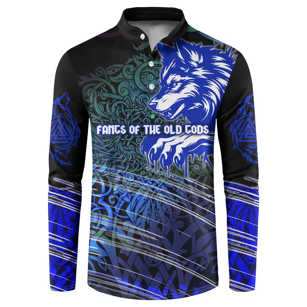 Fenrir Button Sweatshirt with Blue Wolf, Runes and Ragnarok End of Gods Tribute - Wonder Print Shop