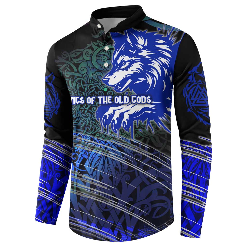 Fenrir Button Sweatshirt with Blue Wolf, Runes and Ragnarok End of Gods Tribute - Wonder Print Shop