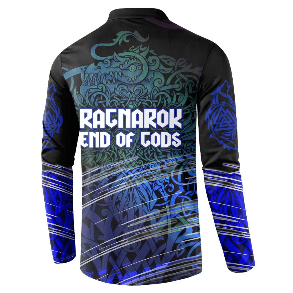 Fenrir Button Sweatshirt with Blue Wolf, Runes and Ragnarok End of Gods Tribute - Wonder Print Shop