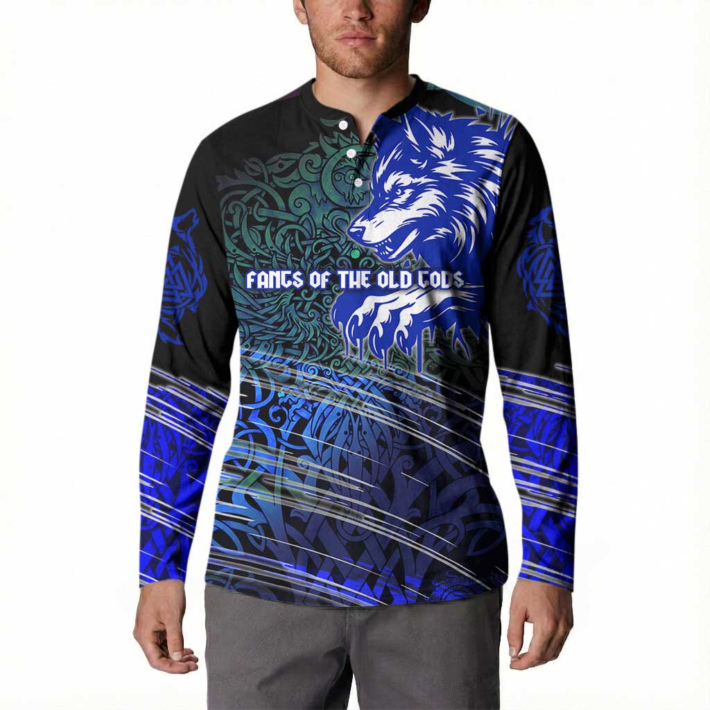Fenrir Button Sweatshirt with Blue Wolf, Runes and Ragnarok End of Gods Tribute - Wonder Print Shop