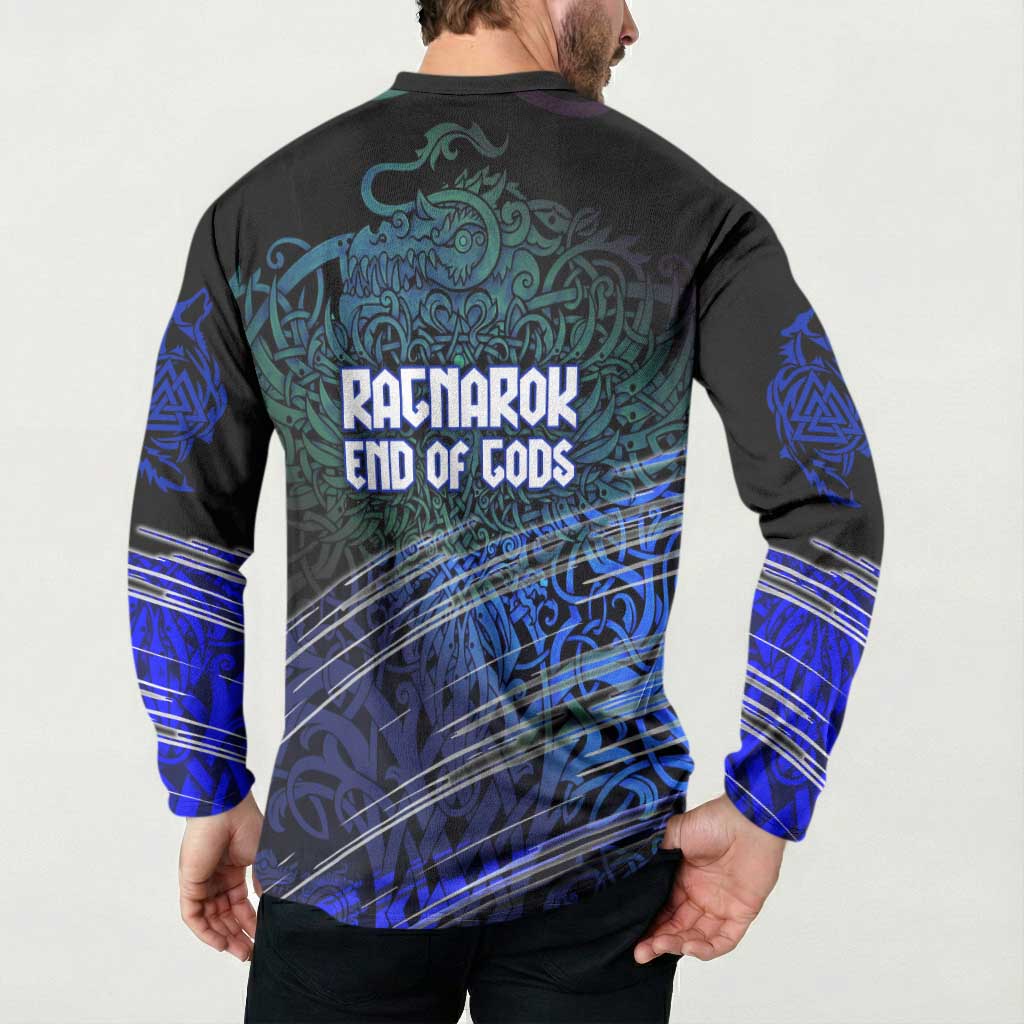 Fenrir Button Sweatshirt with Blue Wolf, Runes and Ragnarok End of Gods Tribute - Wonder Print Shop