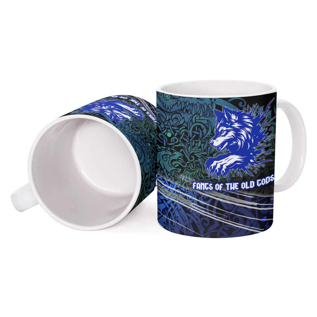 Fenrir Ceramic Mug with Blue Wolf, Runes and Ragnarok End of Gods Tribute - Wonder Print Shop